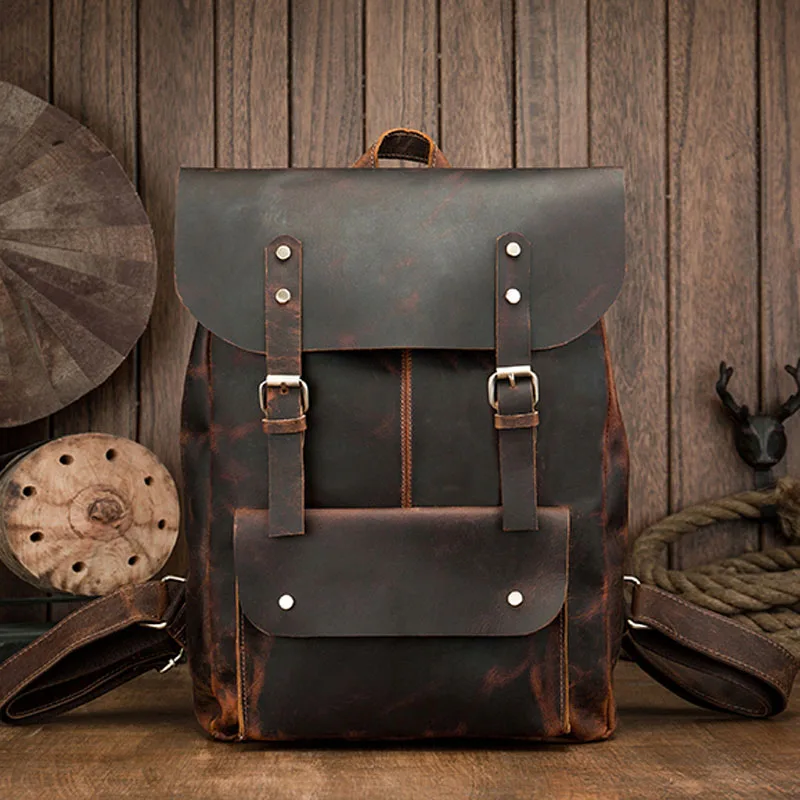 Винтажный кожаный рюкзак crazy horse, мужской рюкзак из натуральной кожи для ноутбука, коричневый рюкзак из коровьей кожи, школьный рюкзак, сумка - Цвет: Темно-серый