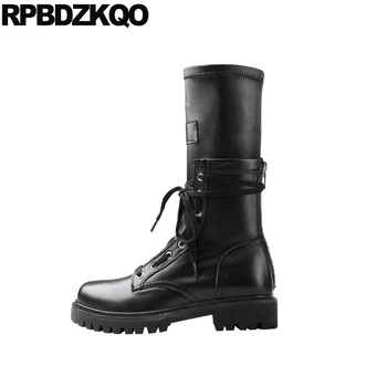 

lace up winter designer shoes women luxury 2019 army mid calf military british round toe chunky combat autumn black boots fur