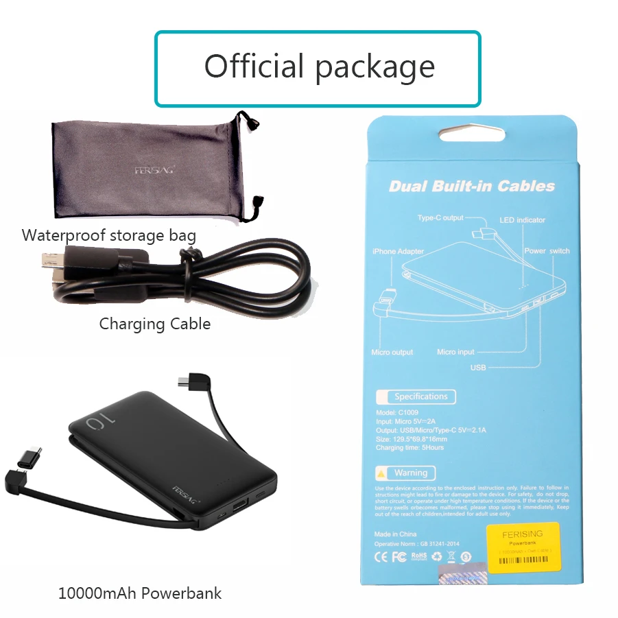 FERISING-cargador portátil USB con Cable, batería externa de 10000mAh, para iPhone, Samsung y Xiaomi - Imagen 5