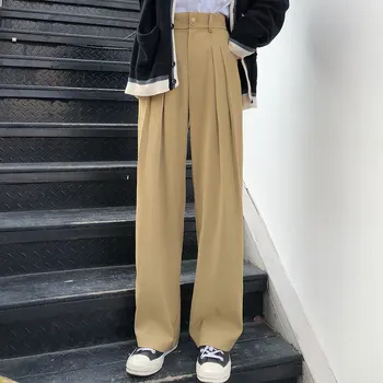 

HED 2020 korean style solid color suit straight trouser female autumn breif high waist long pants womens