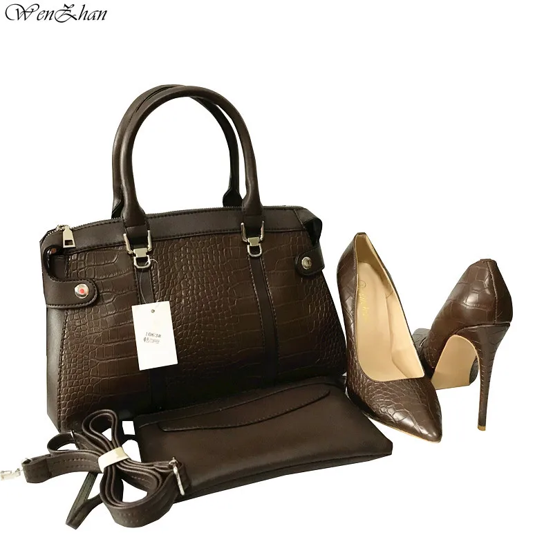 Brown Office Lady Shoes Spring Summer High Heels Pumps Matching Lovely Design Women Hangbag Purse set