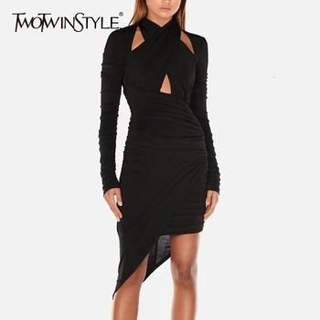 

TWOTWINSTYLE Sexy Asymmetrical Women's Dresses Halter Long Sleeve High Waist Ruched Dress For Female 2020 Fashion Clothing Tide