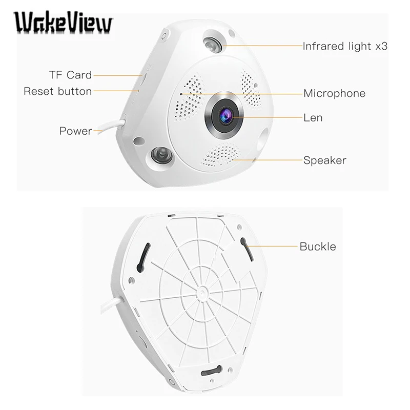 WakeView Full view WiFi 360 Degree Two way audio Panoramic 4.0MP Day/Night WiFi Smart IP Camera support 128g TF Card APP control