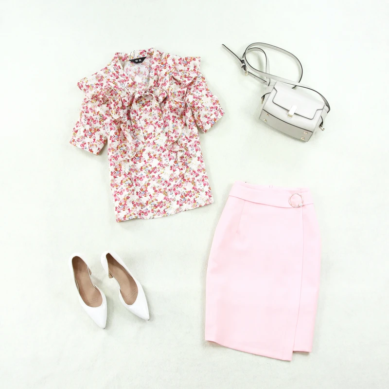 

Large size suit female 2020 spring and summer new pink flower half sleeve lotus leaf shirt shirt skirt two-piece thin women'