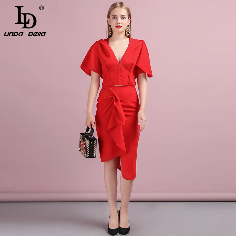 

LD LINDA DELLA 2019 Autumn Winter Fashion New office Set Sexy V-Neck Printed Blouses + Slim Mermaid Skirt Two Pieces Set Suits