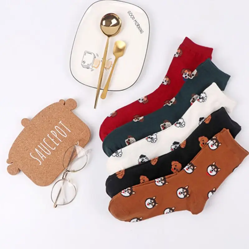 5 пар корейских женских носков Kawaii с изображением животных, милые цветные мультяшный щенок, эластичные дышащие чулочно-носочные изделия средней длины
