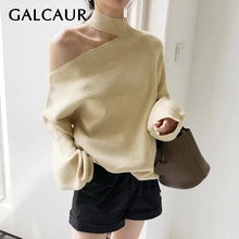 GALCAUR вязаный корейский женский свитер с высоким воротом на одно плечо с длинным рукавом женские пуловеры осень негабаритный Модный