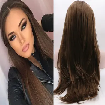

Bombshell Dark Brown Silk Straight Synthetic Lace Front Wig Heat Resistant Fiber Hair Natural Hairline Middle Parting For Women