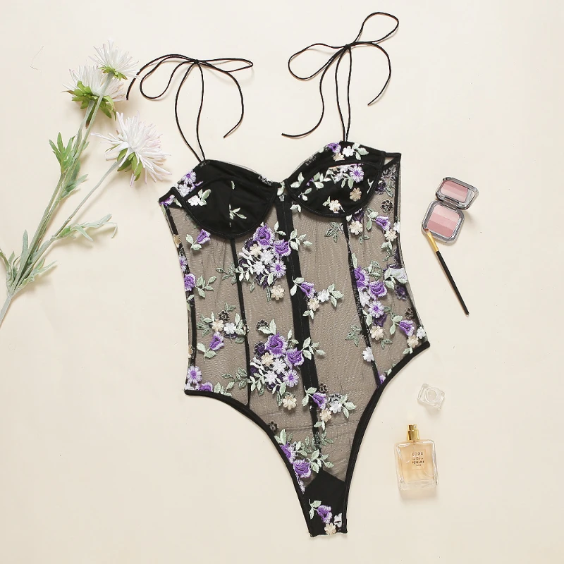 

Fashion sexy lace bodysuit floral embroidery lace ladies underwear sexy mesh transparent bodysuit