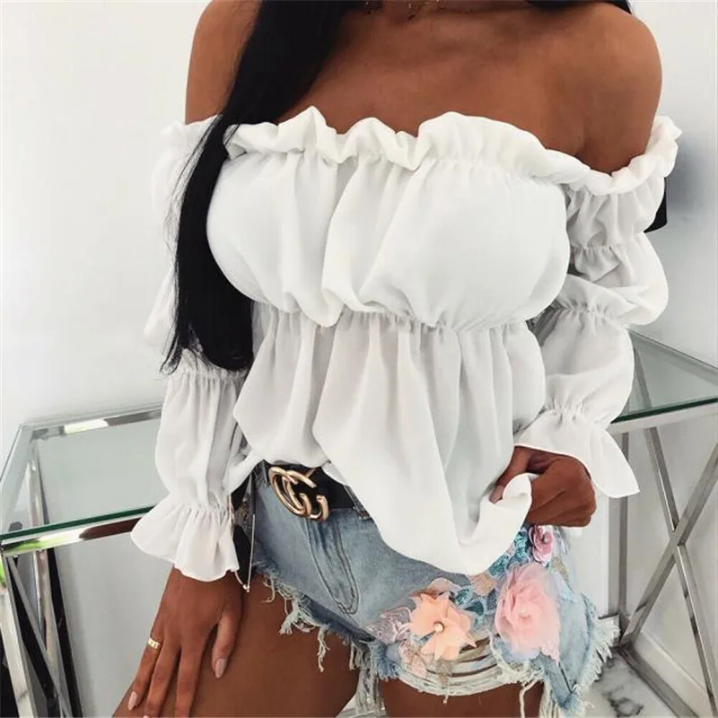 

Elegant Women Off Shoulder Chiffon Blouse Fashion Solid Color Pleated Sexy Shirt 2020 New Womens Office Street Tops and Blouses