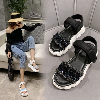 

CHIMIZHAI Sandals Summer Women Shoes Bling Flat Sandals 5.5CM Heels Sandals Woman Shoes Plus Sizes 45 46 Sneakers MY515