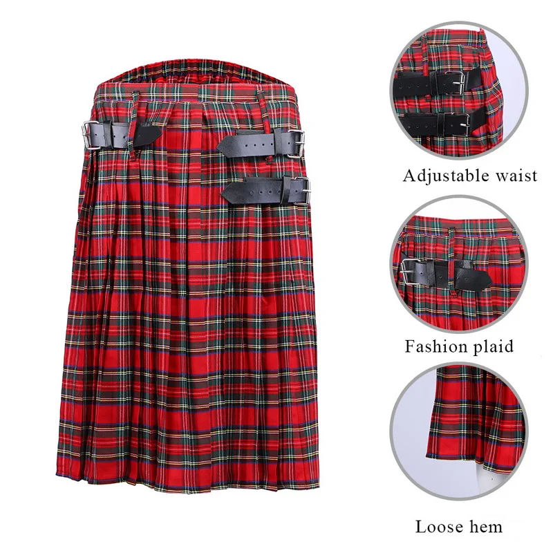MoneRffi шотландский мужской Kilt традиционный ремень в клетку плиссированная цепь двусторонний коричневый готический панк шотландский клетчатый брюки юбки