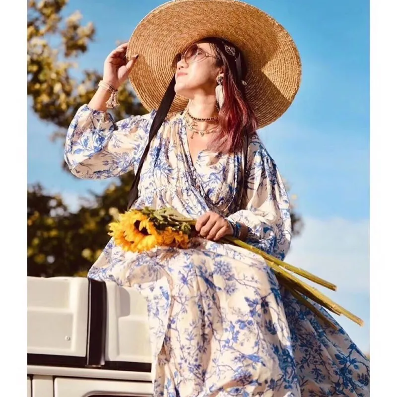 

2019 Autumn Floral Embroidery Dress Women Long Party Beach Elegant Dress Boho Casual Long Sleeve Dress Robe Longue
