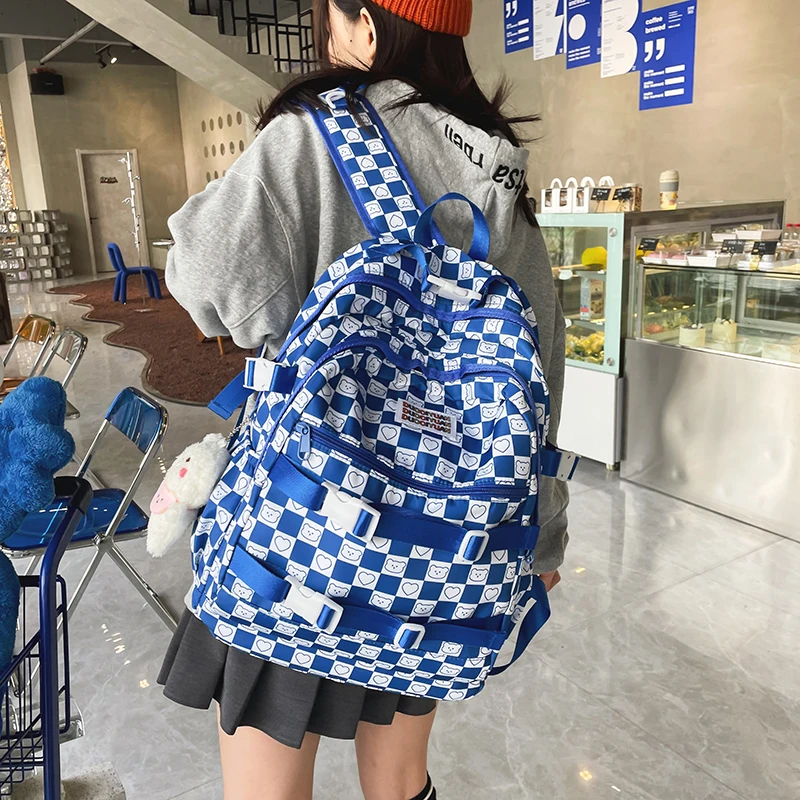 Cute Plaid Women Canvas Backpack Teenage Girls School Books Bag Large Capacity Young Ladies Laptop Bags Female Travel Backpacks