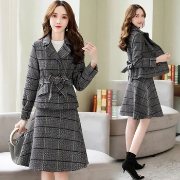 

2019 Autumn Winter Jacket Skirt 2 Piece Clothing Business Career Plaid Suits for Women Blazer and Skirt Set Female Work Outfits