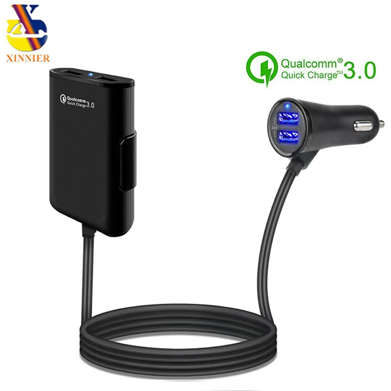 

Quick QC3.0 USB Car Charger 2.4A+3.1A 4 USB Port with 5.6ft Extension Cord Cable Back Seat Charge With A Clip Mobile Phone Hold