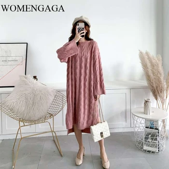

winter 2020 autumn sweater for famale mid-long yellow sweater long sleeve loose kintting women's dress vintage H68F