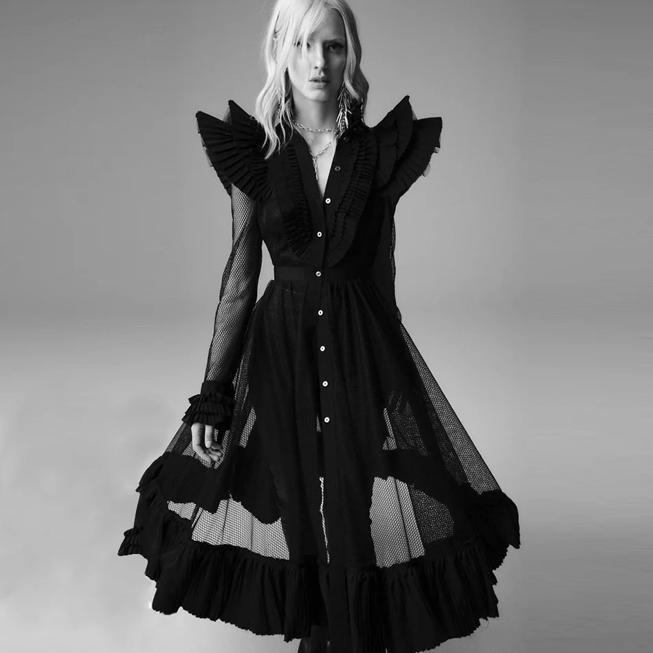 Women Ball Gown Mid Calf O Neck Dress Autumn Fashion Dress Long Sleeve