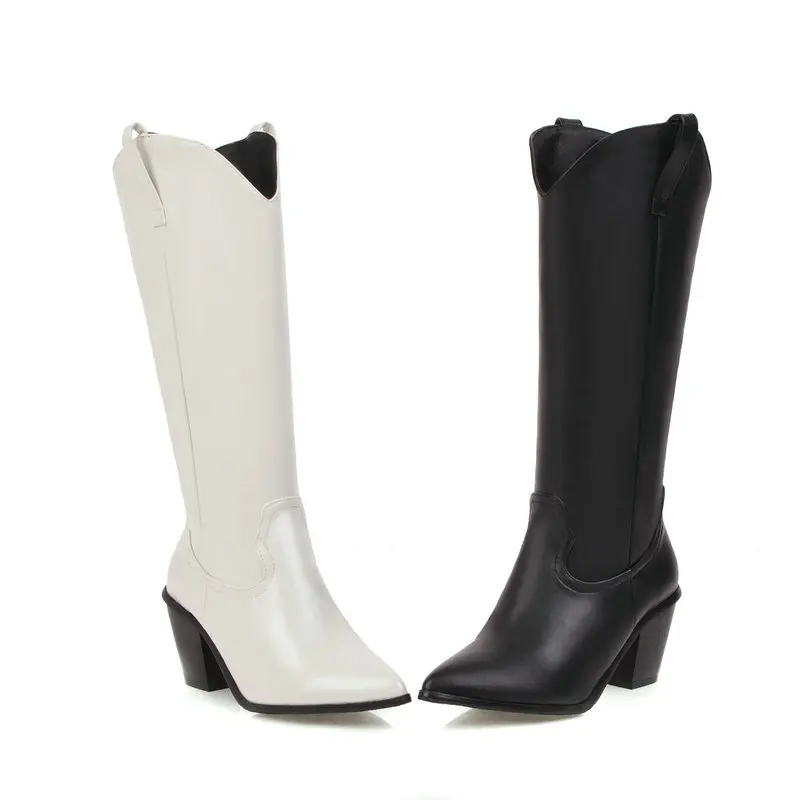 Salu Band/Дизайнерские женские сапоги до колена из искусственной кожи; сапоги с острым носком; женские длинные сапоги на массивном высоком каблуке; Цвет черный, белый