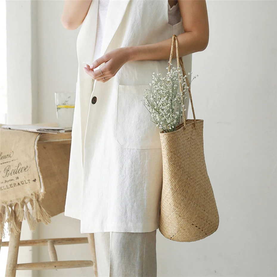 M-2XL Single-breasted Loose Simple Vest Jacket White 2020 Autumn Spring Sleeveless Suit Waistcoat Linen Long Coat Female QEN009