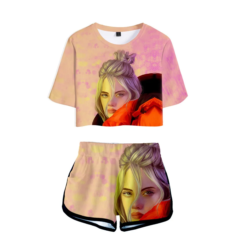 

Summer Women Girls Two Piece 3D Printed Billie Eilish Short Sleeves Round Collar T-Shirt Tops Shorts set