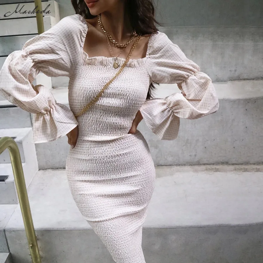 

Macheda Autumn Long Sleeve Slash Neck Dresses Women Ruffles Elegant Bodycon Midi Dresses Lady Slim Pleated Casual Clothing 2019