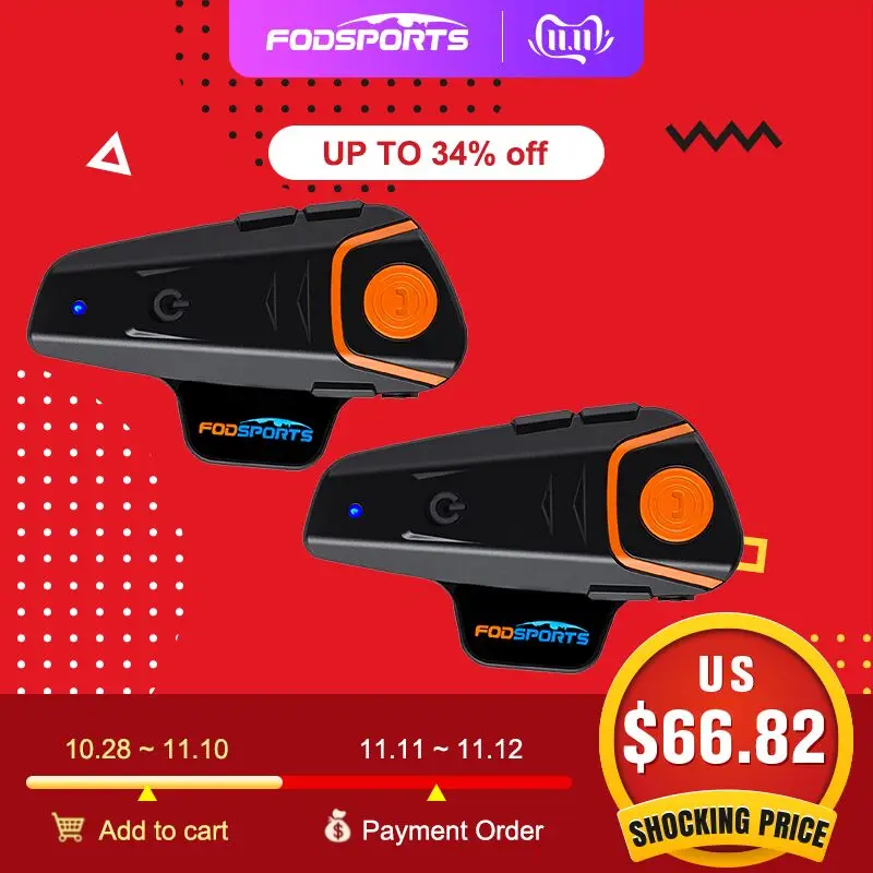 Fodsports 2 pcs BT-S2 Pro motorcycle helmet intercom motorbike wireless bluetooth Headset waterproof BT Interphone with FM