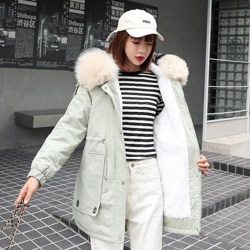 

2019 New Style Lambs Wool Inner Wearing Mid-length down Jacket Cotton-padded Clothes Loose-Fit Large Fur Collar Cotton-padded Cl