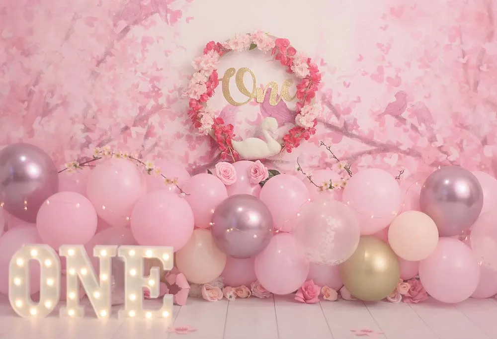 Photography Backdrop Girl 1st Birthday Background Pastel Pink Floral Swan  First Birthday Cake Smash Banner Photocall Portrait - Backgrounds -  AliExpress