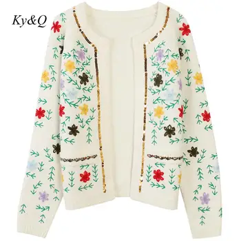 

High Quality Runway 2019 Winter Women Hand Flower Embroidery Long-sleeved Loose White Knit Cardigan Coat Tops Beading Sweater