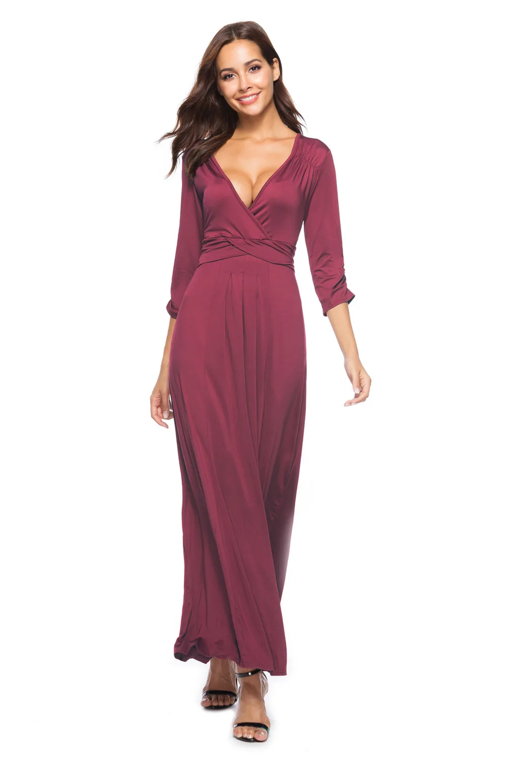 Sexy V neck Solid Black Formal Party Maxi Dress for Winter 3/4 Sleeves Vintage Floor-Length Occation Club Dress Plus Size
