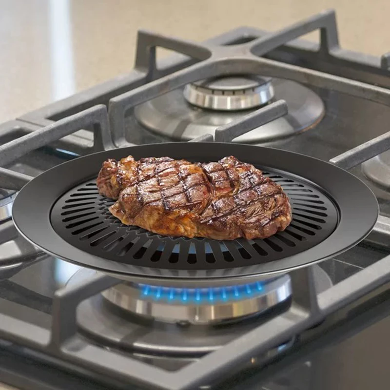 1Pcs Korean Barbecue Plate Round Iron BBQ Grill Plate Smokeless Non-Stick Gas Stove BBQ Roasting Cooking Tool Sets