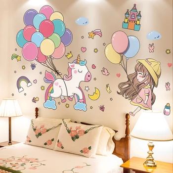

[shijuekongjian] Girl Balloons Wall Stickers DIY Unicorn Animals Wall Decals for Kids Bedroom Baby Room Nursery Decoration