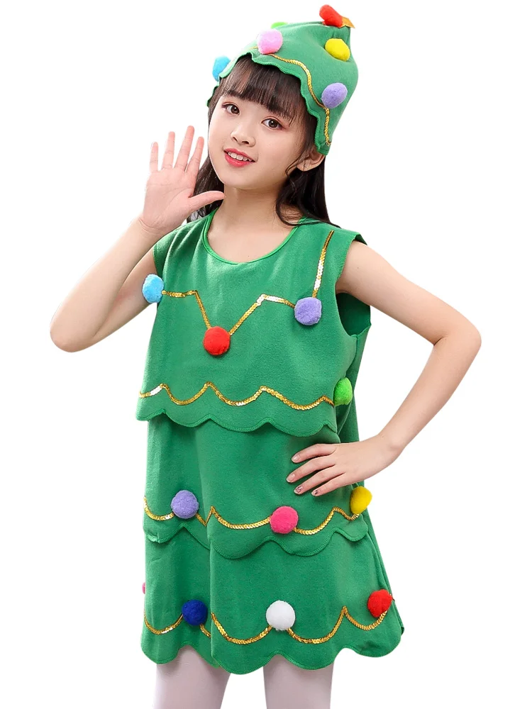 Christmas Tree Design With Colorful Balls Costume Cosplay Girl Kids Party Children Carnival Dress XMAS Gift |