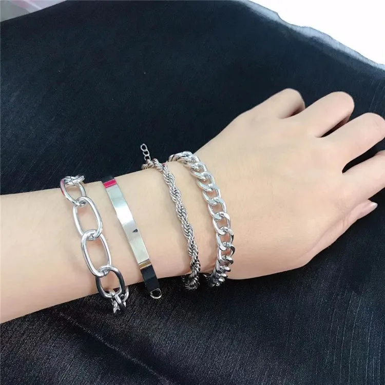 Simple 4pcs Punk Curb Cuban Chain Bracelets Set for Women Miami Boho Thick Gold Color Charm Bracelets Bangles Fashion Jewelry Simple 4pcs Punk Curb Cuban Chain Bracelets Set for Women Miami Boho Thick Gold Color Charm Bracelets Bangles Fashion Jewelry