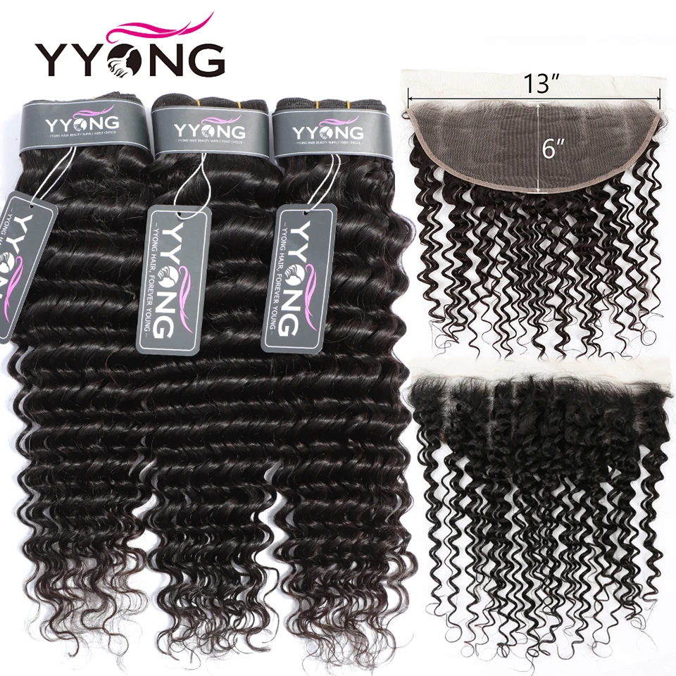 

YYong 13x4 Deep Wave Lace Frontal Closure With Bundles Malaysian 3 / 4 Bundles With Ear To Ear Lace Frontal Remy Human Hair