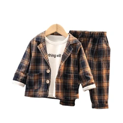Vêtements de printemps et d'automne pour bébés garçons et filles, t shirt et pantalon à carreaux, vêtements de sport décontractés en coton pour enfants, 3 pièces/ensembles 