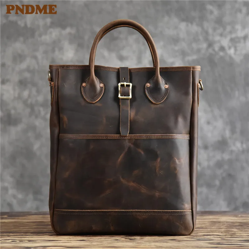 

PNDME retro crazy horse cowhide men's handbag briefcase casual natural genuine leather vertical work file laptop messenger bag
