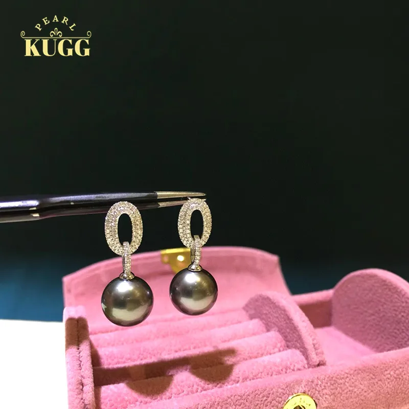 

KUGG PEARL 18K Yellow Gold Earrings Natural Tahiti Black Pearl Earrings Luxury Diamond Jewelry Drop Design for Women