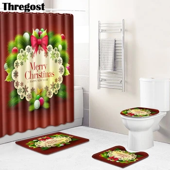 

Thregost Christmas Pattern Bathroom Mats with Shower Curtain 4pcs Memory Foam Rug Non-slip Bath Mat Water Absorbing Bath Carpet