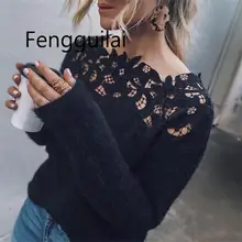 FENGGUILAI Sexy Black Lace Women Hollow Sweaters Long Sleeve Pullover Tops Sweater Ladies O Neck Jumper Hollow Out Knitwear FENGGUILAI Sexy Black Lace Women Hollow Sweaters Long Sleeve Pullover Tops Sweater Ladies O Neck Jumper Hollow Out Knitwear