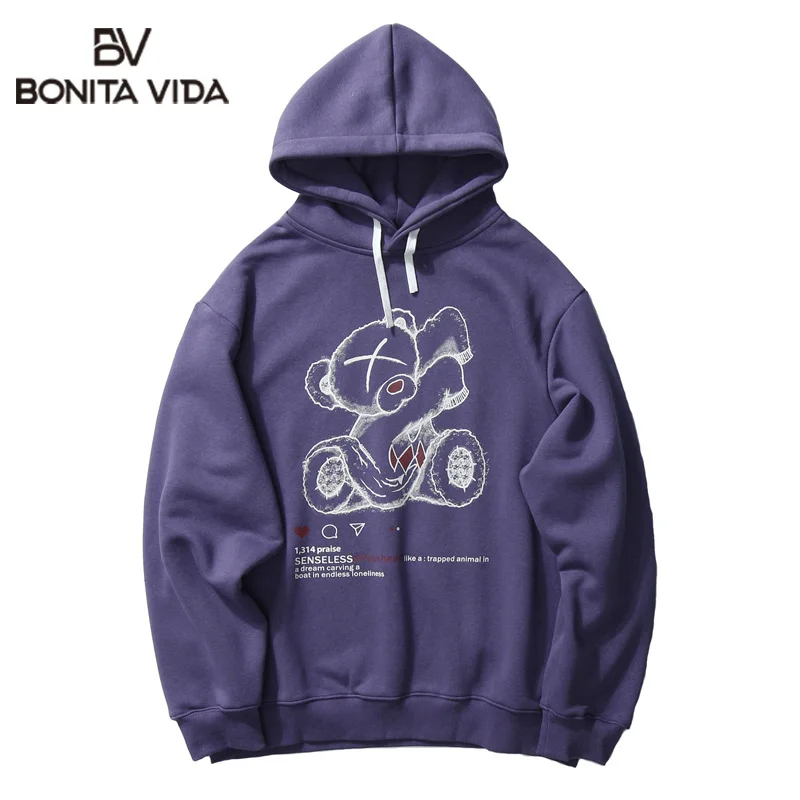 

Bonita Vida Harajuku Fleece Hoodies Mens Casual Pullover Hooded Sweatshirts Streetwear Creative Bear Print Fashion Hoodie Tops