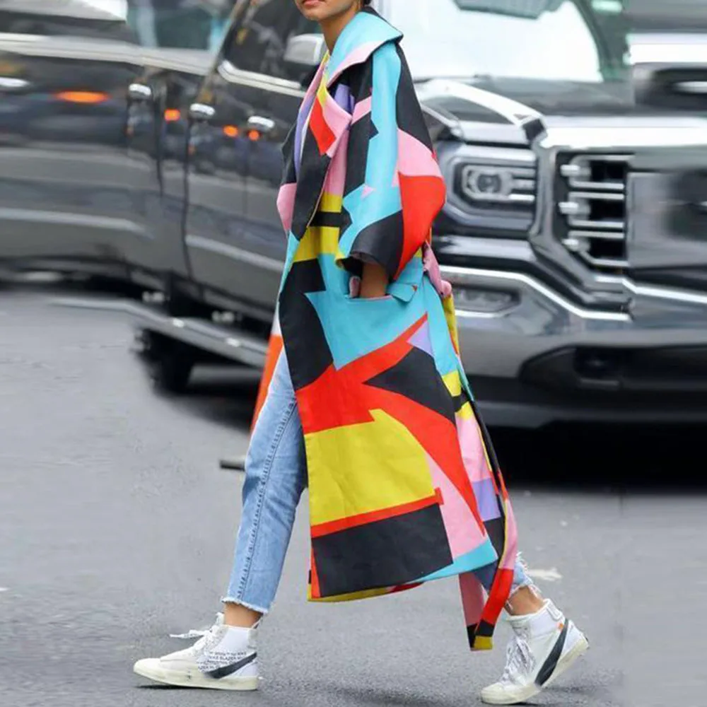 

2019 Autumn Winter Color Block Long Coat Plus Size 3XL Casual Fashion Streetwear Trench Coat Belted Long Trench Outwear Overcoat