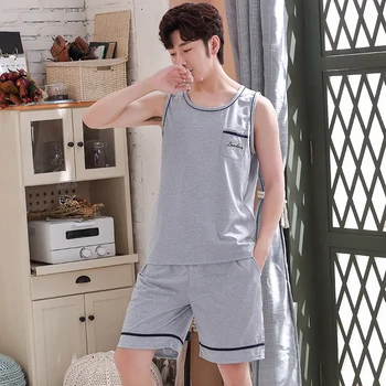 

6535 Cotton Boy Male Vest & Pants Pajamas Man's Sleepwear Nightwear Oneck Cozy Loose Sleeveless Vest Pyjamas Undershirt Jams HDE