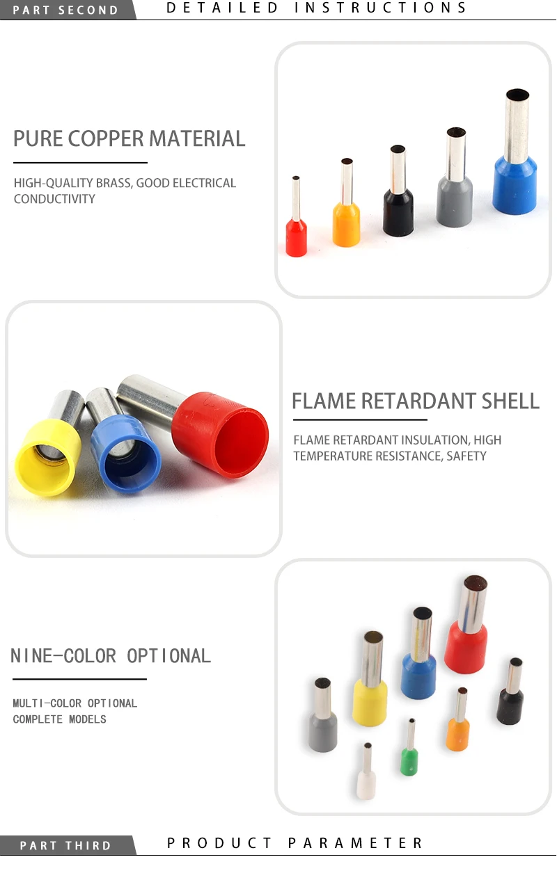 100pcs E0508 E1008 E1508 E2508 22-10 AWG Insulated Ferrules Terminal Block Cord End Wire Connector Electrical Crimp Terminator
