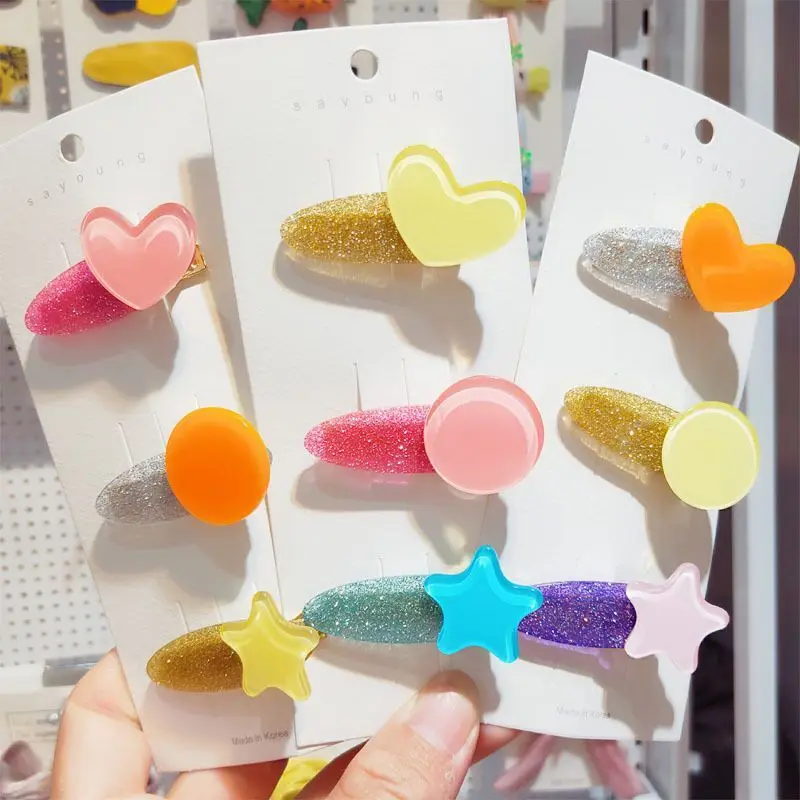 

3pcs/Lot Colorful Geometric Hairpins Set Shining Candy Color Girls Children Hair Clips Barrettes Cute Heart Round Star Headwear