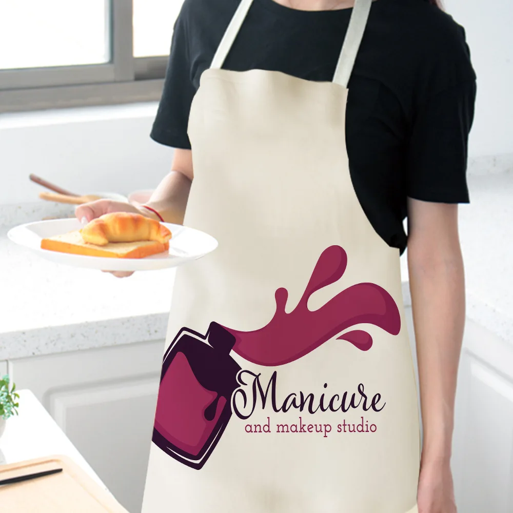 Nail Makeup Studio 1Pcs Pink LipsticK and Nail Polish Print Aprons for Women Cotton Linen Bibs Household Cleaning Home Cooking
