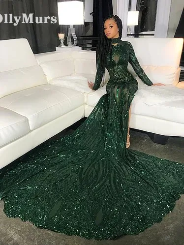 

Sexy Long Sleeves Green Mermaid Prom Dresses Long 2019 Lace Applique Backless Prom Party Dresses Evening Gown