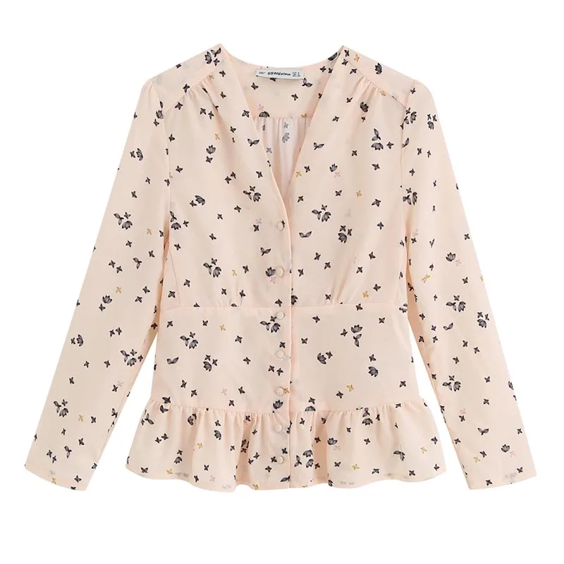 

CS954 Women Autumn V Neck Ruffles Sweep Buttons Deco Long Sleeve Blouse Tops