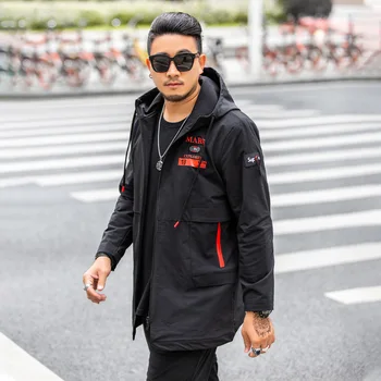 

Plus Large Size Men Long Hooded Jacket Man Outdoor Jacket 7XL Coat Drawstring Hood Windbreaker Polyester 2019 Autumn New Trench